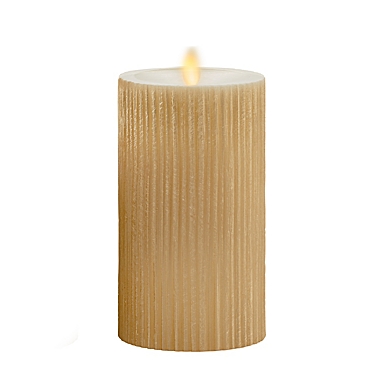 Luminara&reg; Moving Flame&reg; 6.5-Inch Gold Ribbed Real-Flame Effect Pillar Candle. View a larger version of this product image.