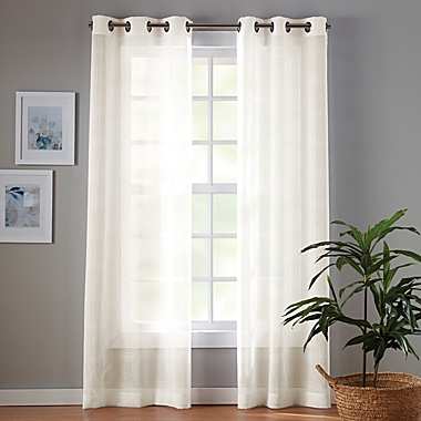 Simply Essential&trade; Plaid 84-Inch Grommet Sheer Curtain Panels in Egret Taupe (Set of 2). View a larger version of this product image.