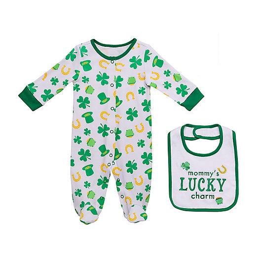 Alternate image 1 for Baby Starters® Newborn 2-Piece Lucky Charm Footie and Bib Set in Green