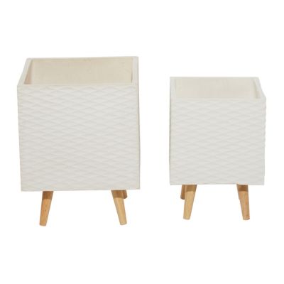 Set of 2 Textured Fiberclay Square Planters White - Olivia & May: Modern Contemporary Design, No Drainage Holes, Indoor/Outdoor Use