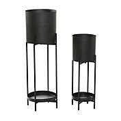 Ridge Road D&eacute;cor Modern Round Metal Indoor/Outdoor Planters with Trays in Black (Set of 2)