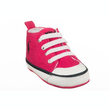 Ralph Lauren Layette Size 0-6W Canvas Lace Up Hi Top Sneaker in Pink. View a larger version of this product image.