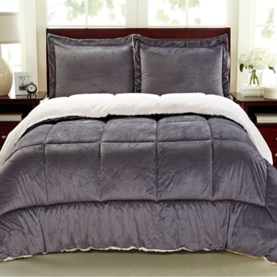 Cathay Home Sherpa Down Alternative 3-Piece Reversible Full Comforter Set in Pewter