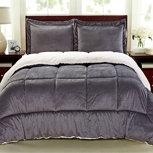 NEW Navy Taupe Ivory Plush reverse Sherpa Down Alt 4 pcs Comforter King Queen 