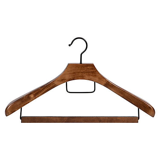 Alternate image 1 for Squared Away™ Deluxe Wood Suit Hanger in Walnut with Pant Hanging Bar and Black Hardware