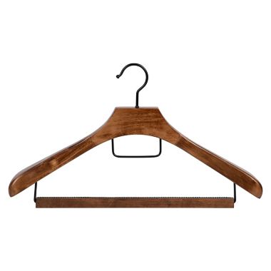 Squared Away&trade; Deluxe Wood Suit Hanger in Walnut with Pant Hanging Bar and Black Hardware. View a larger version of this product image.