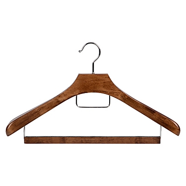 Squared Away&trade; Deluxe Wood Suit Hanger in Walnut with Pant Hanging Bar and Chrome Hardware. View a larger version of this product image.