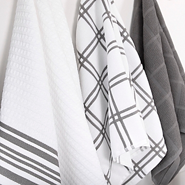 Our Table&trade; Everyday Plaid and Stripe Kitchen Towels in Grey (Set of 2). View a larger version of this product image.
