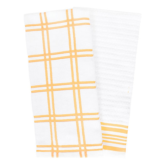 Alternate image 1 for Our Table™ Everyday Plaid and Stripe Kitchen Towels in Gold (Set of 2)