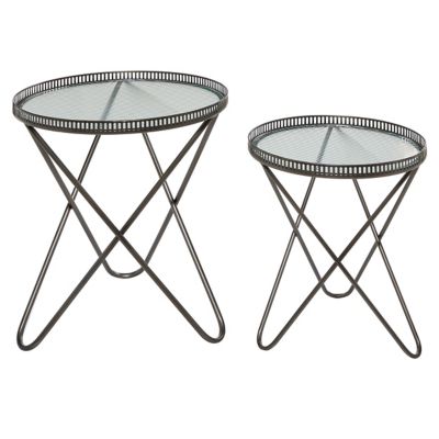 Set of 2 Industrial Metal Accent Tables Gray - Olivia &#38; May: Tempered Glass Top, No Assembly Required