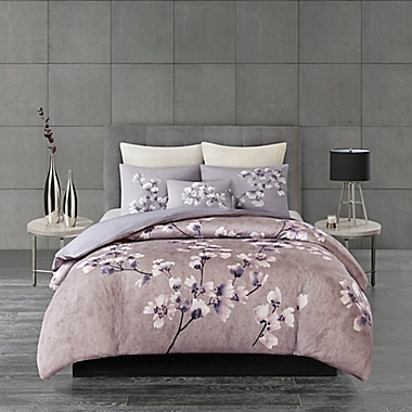 N Natori&reg; Sakura Blossom Printed Full/Queen Duvet Cover Set in Lilac. View a larger version of this product image.
