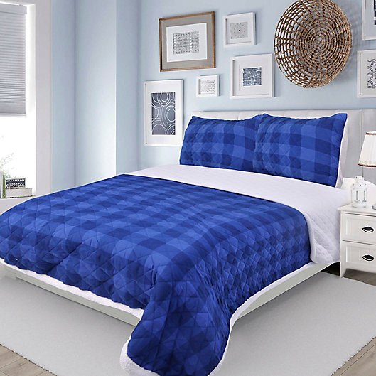 Alternate image 1 for Montana King Buffalo Plaid Sherpa-Back Quilt Set in Blue