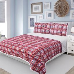 Lake Tahoe Plaid Sherpa-Back Quilt Set in Red