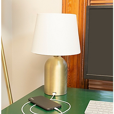 Wild Sage&trade; Table Lamp in Gold with USB and Linen Drum Shade. View a larger version of this product image.