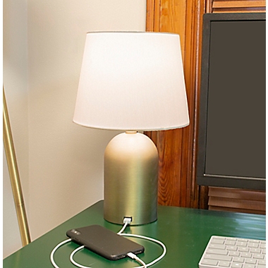 Wild Sage&trade; Table Lamp in Gold with USB and Linen Drum Shade. View a larger version of this product image.