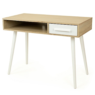 Humble Crew Writing Desk with Shelf and Drawer Storage in White. View a larger version of this product image.