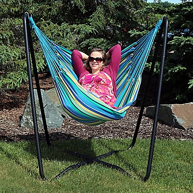 Sunnydaze Beach Oasis Hammock Chair Swing &amp; Stand in Light Blue. View a larger version of this product image.