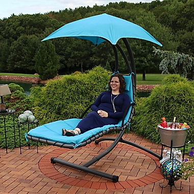 Sunnydaze Outdoor Floating Chaise Lounge with Canopy in Teal. View a larger version of this product image.