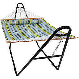 Sunnydaze Quilted Fabric Hammock with Pillow and Universal Steel Stand in Blue/Green