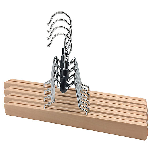 Alternate image 1 for Squared Away™ Wood Pant/Skirt Clamp Hangers in Blonde with Black Hardware (Set of 4)