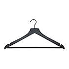 Alternate image 1 for Squared Away&trade; Wood Suit Hangers in Black with Pant Hanging Bar and Black Hook (Set of 4)