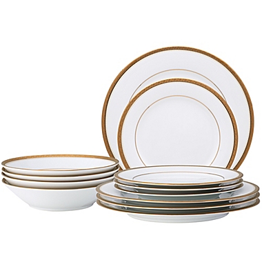 Noritake&reg; Charlotta 12-Piece Dinnerware Set in White/Gold. View a larger version of this product image.
