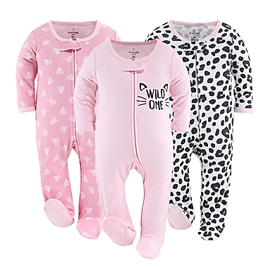 The Peanutshell&trade; 3-Pack Cheetah Hearts Footed Pajamas in Black/White/Pink. View a larger version of this product image.