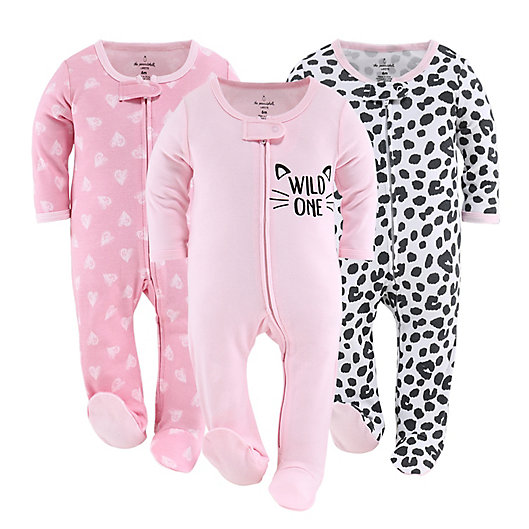 Alternate image 1 for The Peanutshell™ Newborn 3-Pack Cheetah Hearts Footed Pajamas in Black/White/Pink