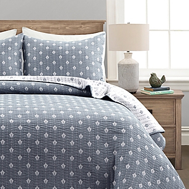 Lush Decor Hygge Kantha 3-Piece Reversible Full/Queen Quilt Set in Off White/Navy. View a larger version of this product image.