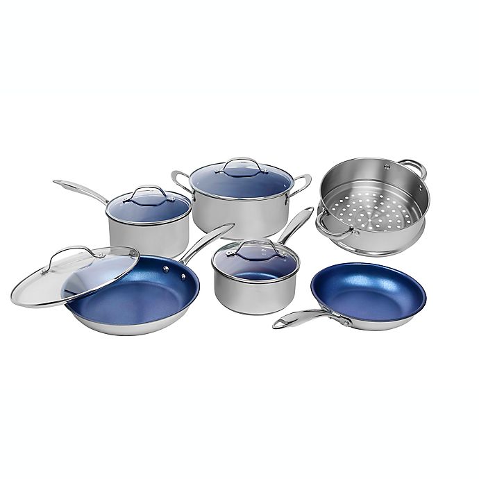Granitestone Pro Stainless-Steel Pots & Pans Set Nonstick, Tri-Ply Base, 10 Piece Blue Nonstick Cookware Set includes Frying Pans, Stock Pots & Skillets, Dishwasher & Induction Safe, Stay Cool Handles