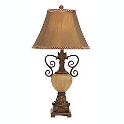Ridge Road Décor Rustic Scrolled Table Lamp in Brown with Linen Shade