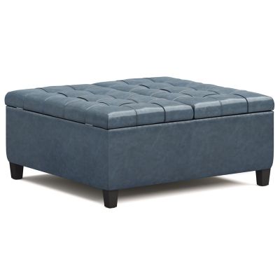 Harrison 36 inch Wide Transitional Square Coffee Table Storage Ottoman in Denim Blue Faux Leather