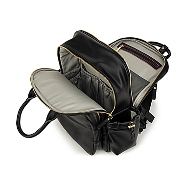 JuJuBe&reg; Million Pockets Faux Leather Diaper Backpack in Black Coffee. View a larger version of this product image.