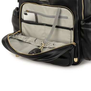 JuJuBe&reg; Million Pockets Faux Leather Diaper Backpack in Black Coffee. View a larger version of this product image.