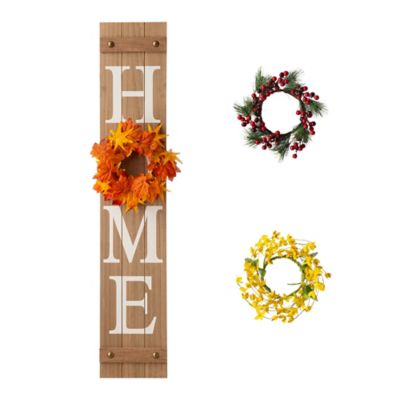 Glitzhome&reg; 4-Piece Spring/Fall/Christmas&quot;Home&quot; Porch Sign with Wreaths