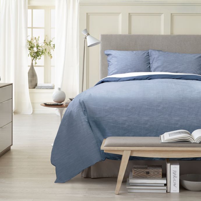 Canadian Living Textured Stria 3Piece Duvet Cover Set in Blue Bed