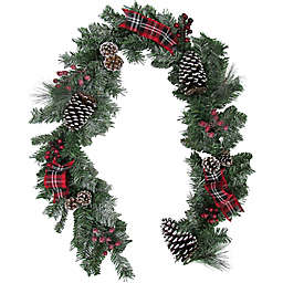 Fraser Hill Farm® 6-Foot Lightly Frosted Garland with Pinecones, Berries, and Plaid Bows