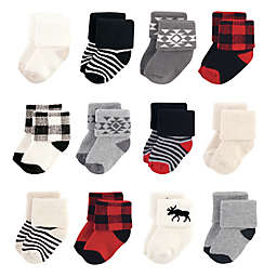 Hudson Baby® 12-Pack Size 0-6M Buffalo Plaid Terry Rolled Cuff Socks in Black/Red