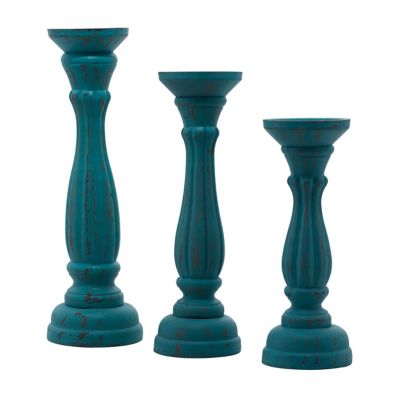 Ridge Road D&eacute;cor Traditional Wood Candle Holders in Blue (Set of 3)