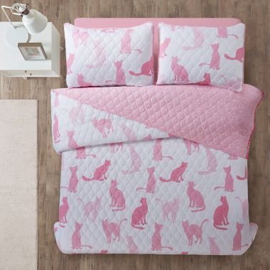 Sleeping Partners Cat Pom Pom Reversible Quilt Set in Pink. View a larger version of this product image.