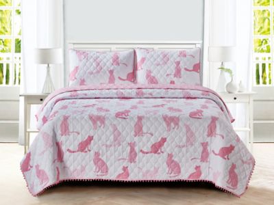 Sleeping Partners Cat Pom Pom 3-Piece Reversible Full Quilt Set in Pink