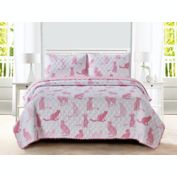 Sleeping Partners Cat Pom Pom Reversible Quilt Set in Pink