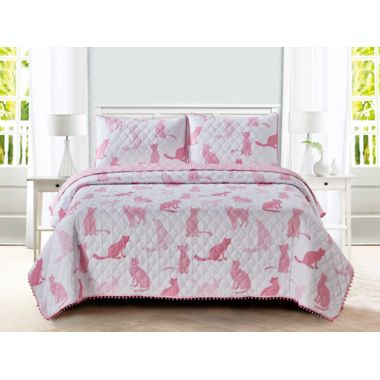 Sleeping Partners Cat Pom Pom Reversible Quilt Set in Pink. View a larger version of this product image.