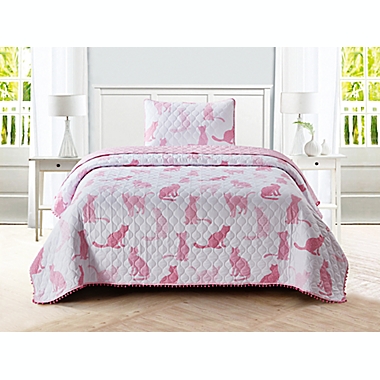 Sleeping Partners Cat Pom Pom 2-Piece Reversible Twin Quilt Set in Pink. View a larger version of this product image.