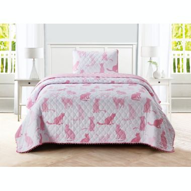 Sleeping Partners Cat Pom Pom 2-Piece Reversible Twin Quilt Set in Pink. View a larger version of this product image.