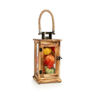 Fall LED Lantern Filled with Faux Pumpkins in Orange/Green