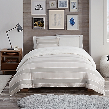UGG&reg; Devon Sherpa 3-Piece Reversible Full/Queen Duvet Cover Set in Oatmeal Stripe. View a larger version of this product image.