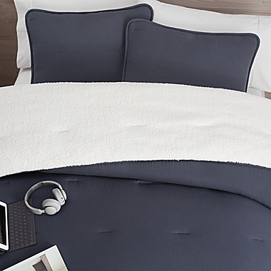 UGG&reg; Devon Sherpa 3-Piece Reversible Full/Queen Comforter Set in Navy. View a larger version of this product image.