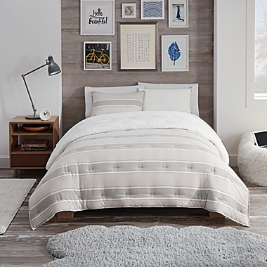 UGG&reg; Devon Sherpa 2-Piece Twin/Twin XL Reversible Comforter Set in Oatmeal Stripe. View a larger version of this product image.