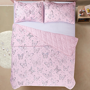 Sleeping Partners Metallic Butterfly Full 3-Piece Reversible Quilt Set in Pink. View a larger version of this product image.